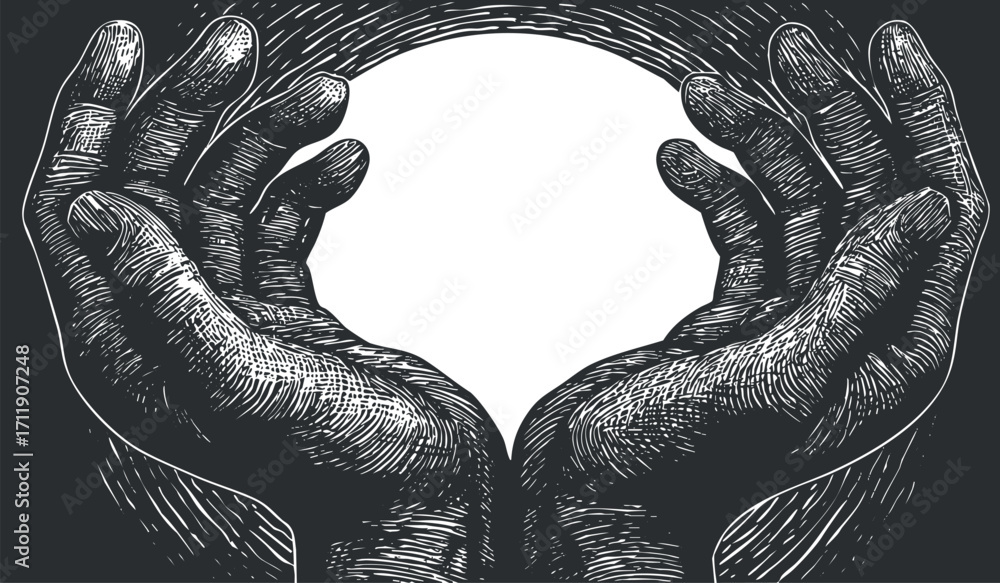 Poster an artistic illustration of two open hands holding an empty circle in a creative design.