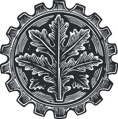 A stylized illustration featuring a leaf inside a gear symbolizing nature and industry.