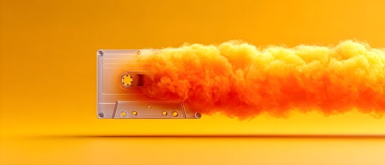Retro cassette tape releasing vibrant orange smoke