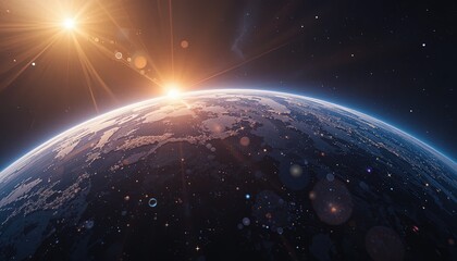A breathtaking view of Earth rising from outer space, showcasing detailed continents and a vibrant sunrise effect.