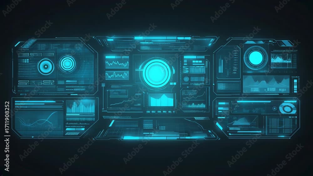 Wall mural futuristic interface displaying data and analytics with blue glow in a high-tech environment