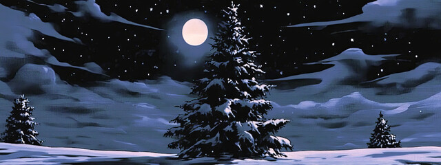 Winter night landscape featuring snow-covered evergreen trees under a bright full moon, with a starry sky and soft clouds creating a serene and magical atmosphere