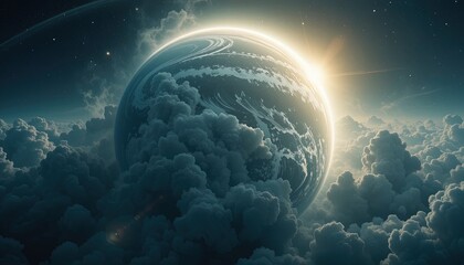 A majestic celestial sphere, bathed in ethereal light, floats amidst a vast expanse of dark, swirling clouds, creating a captivating cosmic scene.
