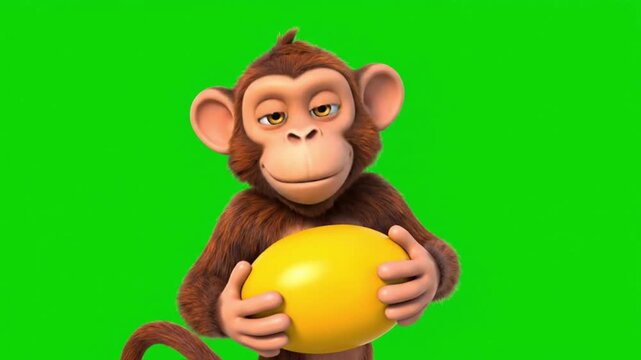 A cartoon monkey holding a yellow ball on a green background