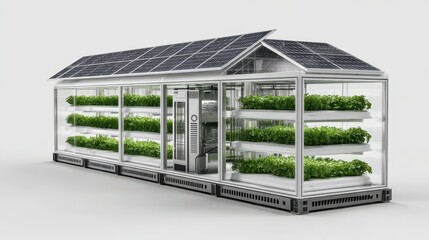 Cutaway 3D render of a zero-emission vertical farm with hydroponics, solar panels, AI-driven climate control, and layered crop systems.