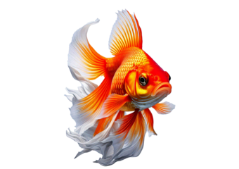 Vibrant goldfish with flowing fins and bright scales swims gracefully against isolated on a transparent or white background.