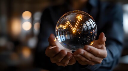 Fototapeta premium Glowing financial chart arrow in crystal ball held by business person hands against dark background with bokeh lights, representing market prediction concept.