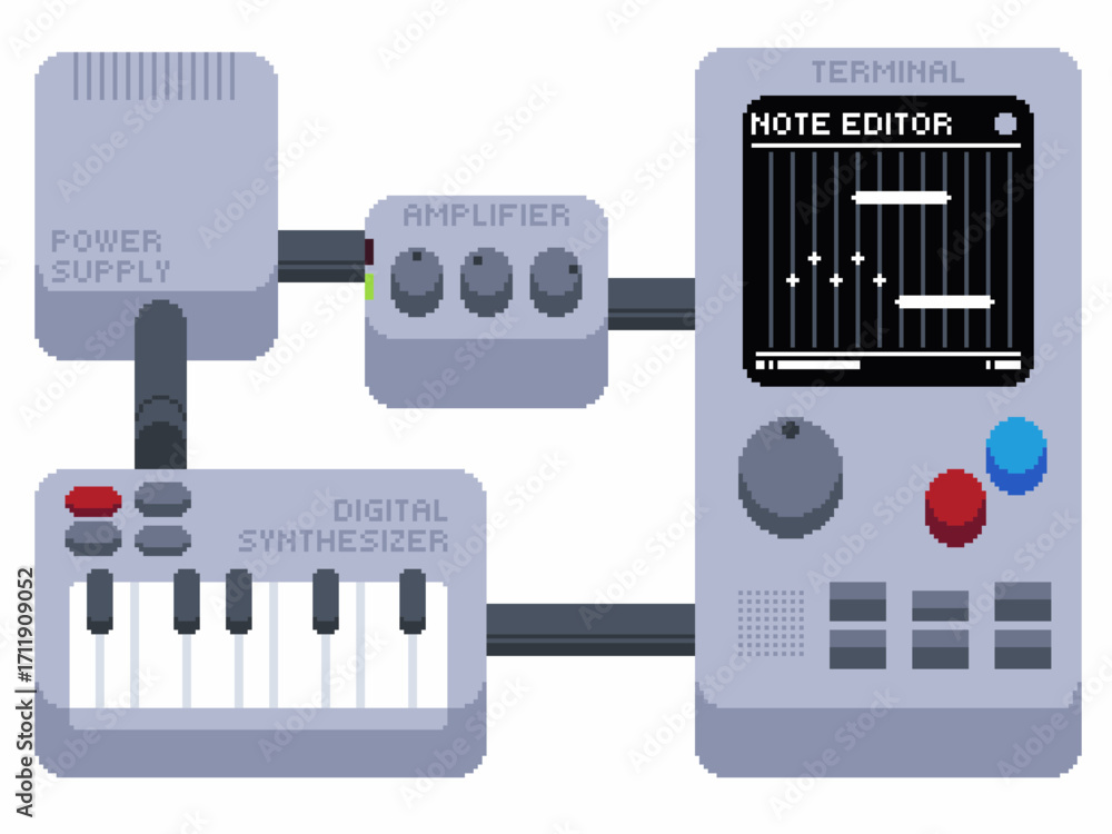 Poster modular digital synthesizer kit with keyboard and amplifier, pixel art style minimal flat concept il