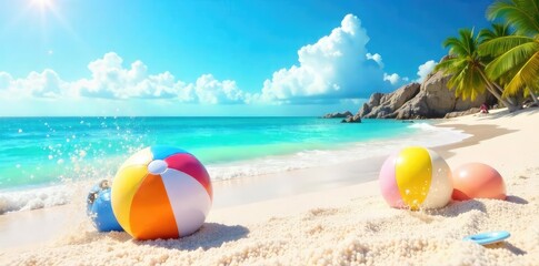 Obraz premium A vibrant beach scene bursting with energy, perfect for spring break promotions Sun-drenched sand, clear turquoise water, and playful beach balls create a lively atmosphere , bright, shells, escape