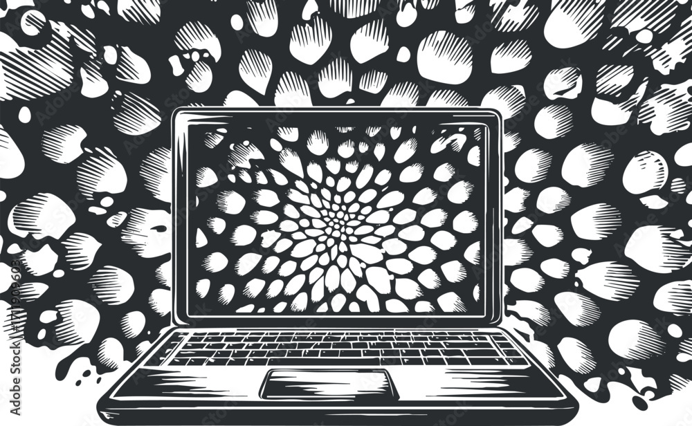 Aufkleber illustration of a laptop with an abstract pattern emanating from the screen.
