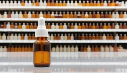 Amber glass dropper bottle with white cap on blurred pharmacy shelf background.
