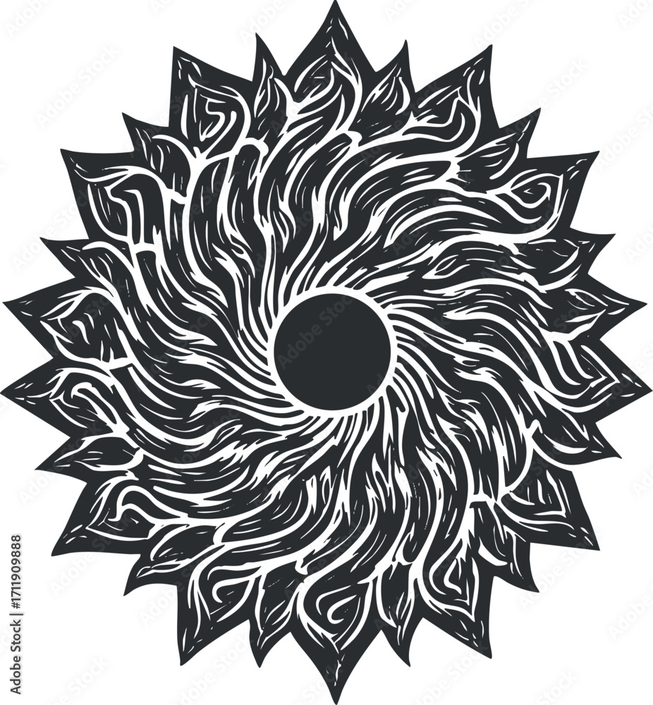 Poster an intricate abstract black and white sun design featuring swirling patterns emanating from a centra