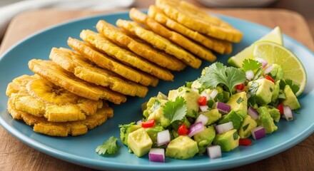 A vibrant plate featuring golden tostones, accompanied by a fresh avocado salsa and lime wedges.