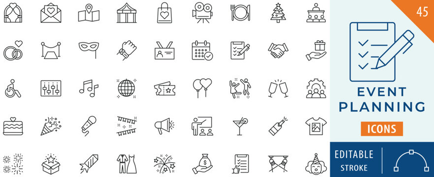 Event Planning icon collection set. Editable stroke.