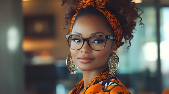 Young African American woman wearing orange headscarf, glasses and statement earrings smiles confidently at camera. Natural curly hair styled in updo. Professional portrait with warm lighting.
