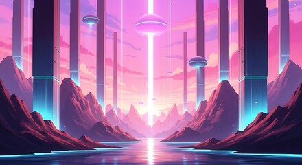 Futuristic Mountain Valley Landscape.