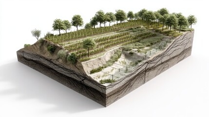 Cutaway 3D visualisation of a Mediterranean hillside vineyard with terraced layers, irrigation channels, and root stabilization.