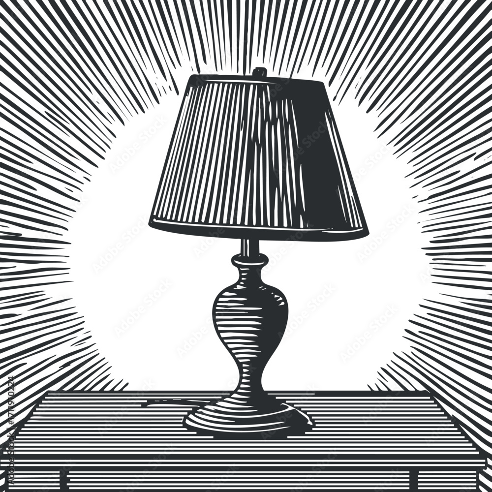 Poster stylized illustration of a lamp on a table with radiating lines creating a dramatic effect.