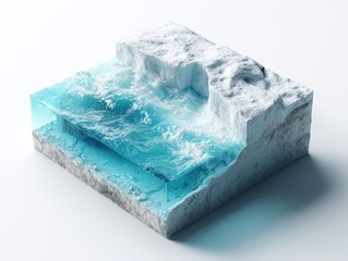 Cutaway 3D visualisation of a melting iceberg showing internal fractures, sediment layers, and water current channels.