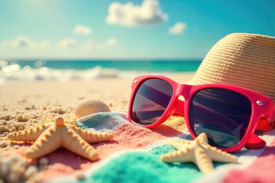 Stylish sunglasses rest on a vibrant summer beach towel, surrounded by seashells and starfish, bathed in golden sunlight Perfect for summer vacation and travel promotions , paradise, warmth, june