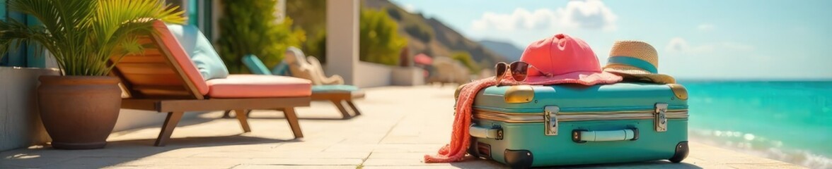 Fototapeta premium A brightly colored suitcase overflowing with summer essentials sits on a sunny patio, ready for a vacation Perfect for travel, holiday, packing, and summer themes , optimism, packing list, clothes