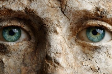 Close-up of ancient sculpture's striking blue eyes
