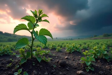Naklejka premium A sickly, vibrant green plant wilts under a clouded, stormy sky; unnatural hues dominate the landscape, conveying a sense of decay and impending doom , gloom, death, green