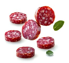 Sliced salami sausage with sage leaves on white background, floating composition of cured meat pieces showing marbled texture and fat patterns.