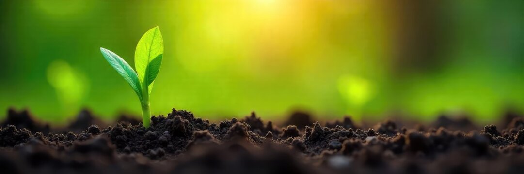 Vibrant green shoots emerge from rich, dark soil, signifying the renewal of spring Sunlight warms the fertile earth, promising abundant growth and new life , germination, color, fresh