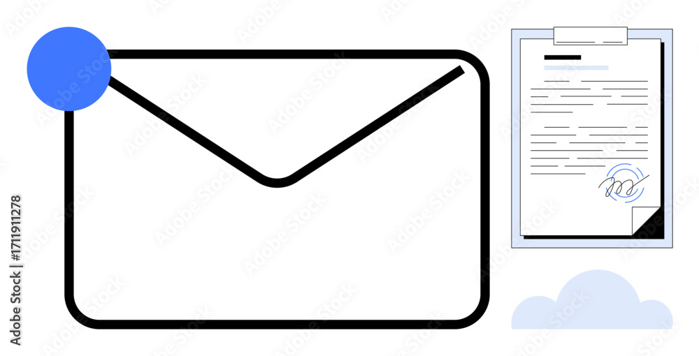Poster closed envelope with blue notification, signed document with clipboard and cloud element. ideal for 
