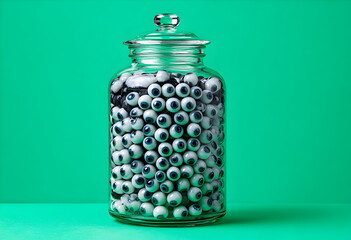 A glass jar filled with many eyeballs against a solid green colored background in studio lighting