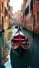 A classic Venetian gondola glides serenely along a calm canal, its polished wood gleaming in the sunlight The iconic boat sits gently on the water, ready for a romantic journey , transport, wood