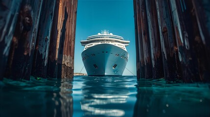 Massive cruise ship emerges from between tall structures