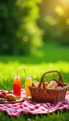 A sunny day, checkered blanket spread on lush green grass, picnic basket overflowing with delicious treats and refreshing drinks, ready for a relaxing summer afternoon , vegetables, wine