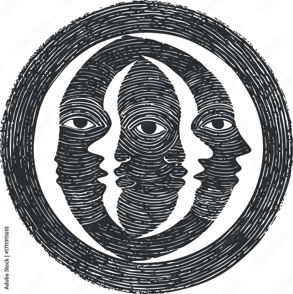Poster stylized illustration of multiple faces in a circular pattern showcasing abstract human profiles.