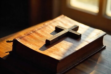 A cross rests on a worn wooden Bible, bathed in soft sunlight, conveying peace and devotion , worship, warmth, comfort