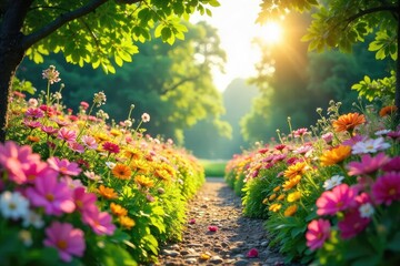 Obraz premium Vibrant summer scene bursting with colorful flowers, lush greenery, and bright sunshine Perfect for summer themes, travel, and nature projects , summer garden, leaves, bright sunshine