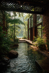 A forest vacation rental treehouse. People climb up to enjoy the view. The mood feels magical and adventurous