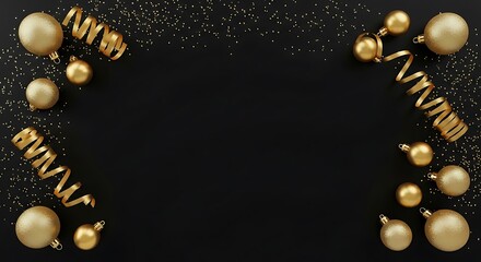 Elegant Gold Christmas Decorations on Black Background.