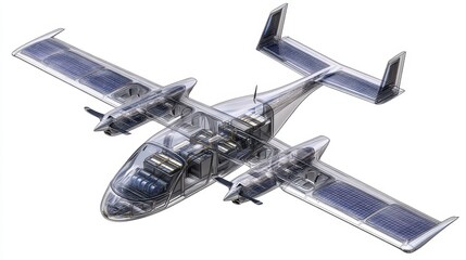 Cutaway 3D visualization of an eVTOL aircraft with renewable integration, semi-transparent fuselage, and solar wing panels.