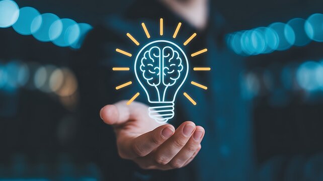 A person's hand holding a glowing lightbulb shaped brain representing creative thinking and innovation with bokeh background.