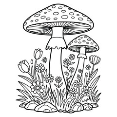 Mushrooms and Wildflowers in Nature Vector Illustration, mushroom