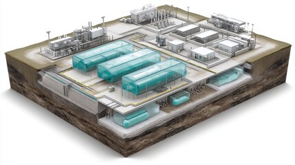 Cutaway 3D visualization of an industrial CO₂ capture facility with filtration units, underground storage, and monitoring systems.