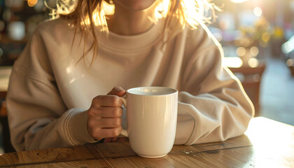 A person holding a warm drink in a white mug, bathed in golden sunlight at a wooden table.