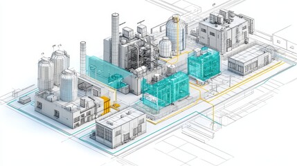 Cutaway 3D visualization of an urban waste-to-energy plant with carbon capture, biogas tanks, and emission reduction systems.