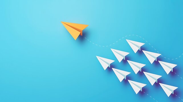 A visually appealing illustration of leadership and innovation showcasing a unique paper airplane leading other similar ones.