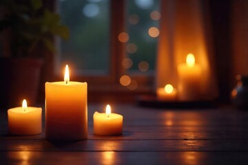 Warm, inviting candlelight illuminates a cozy scene, casting soft shadows and creating a romantic ambiance Perfect for backgrounds needing a touch of elegance and serenity , home, texture, candles
