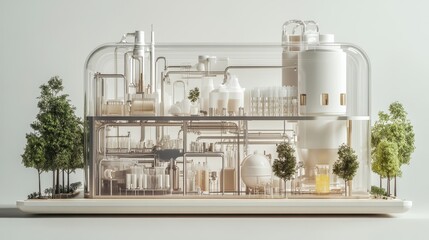Bioplastic factory – Cutaway 3D bioplastic production facility with extrusion machines, polymerization tanks, and eco raw material processing.