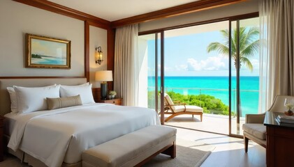 Fototapeta premium A lavishly appointed suite overlooking a turquoise ocean, complete with private balcony and plush furnishings, perfect for a romantic getaway , tropical, cabana, candles