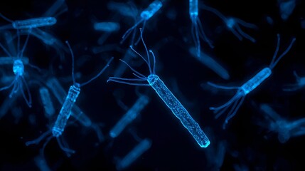 Microscopic view of glowing blue rod shaped bacteria with flagella